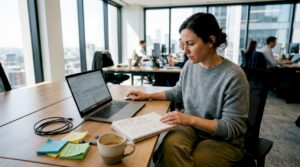 Strategist working with analytics and notes in office