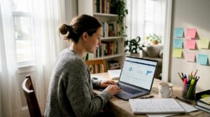 Woman reviewing website audit at home office