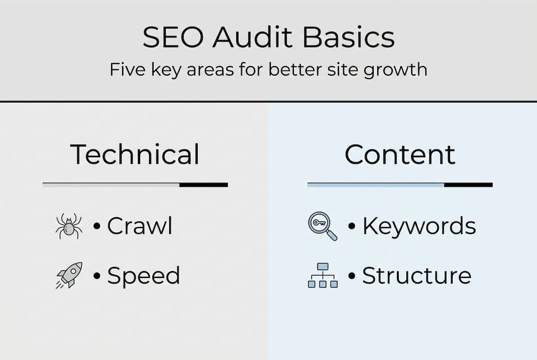 Infographic summarizing five SEO audit areas
