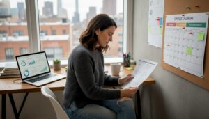 Business owner planning content with worksheets