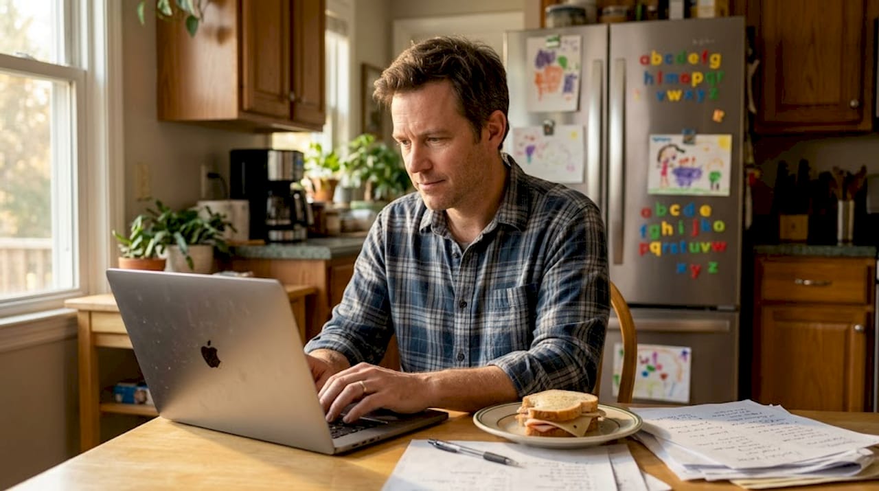 Person drafts Google Ads text at kitchen table