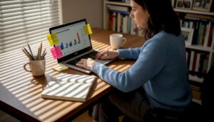 Clinic owner checks Google Ads results at desk